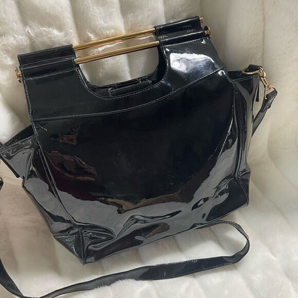 Avon the collection black velour and patent handbag bag with gold accents. - Picture 5 of 11